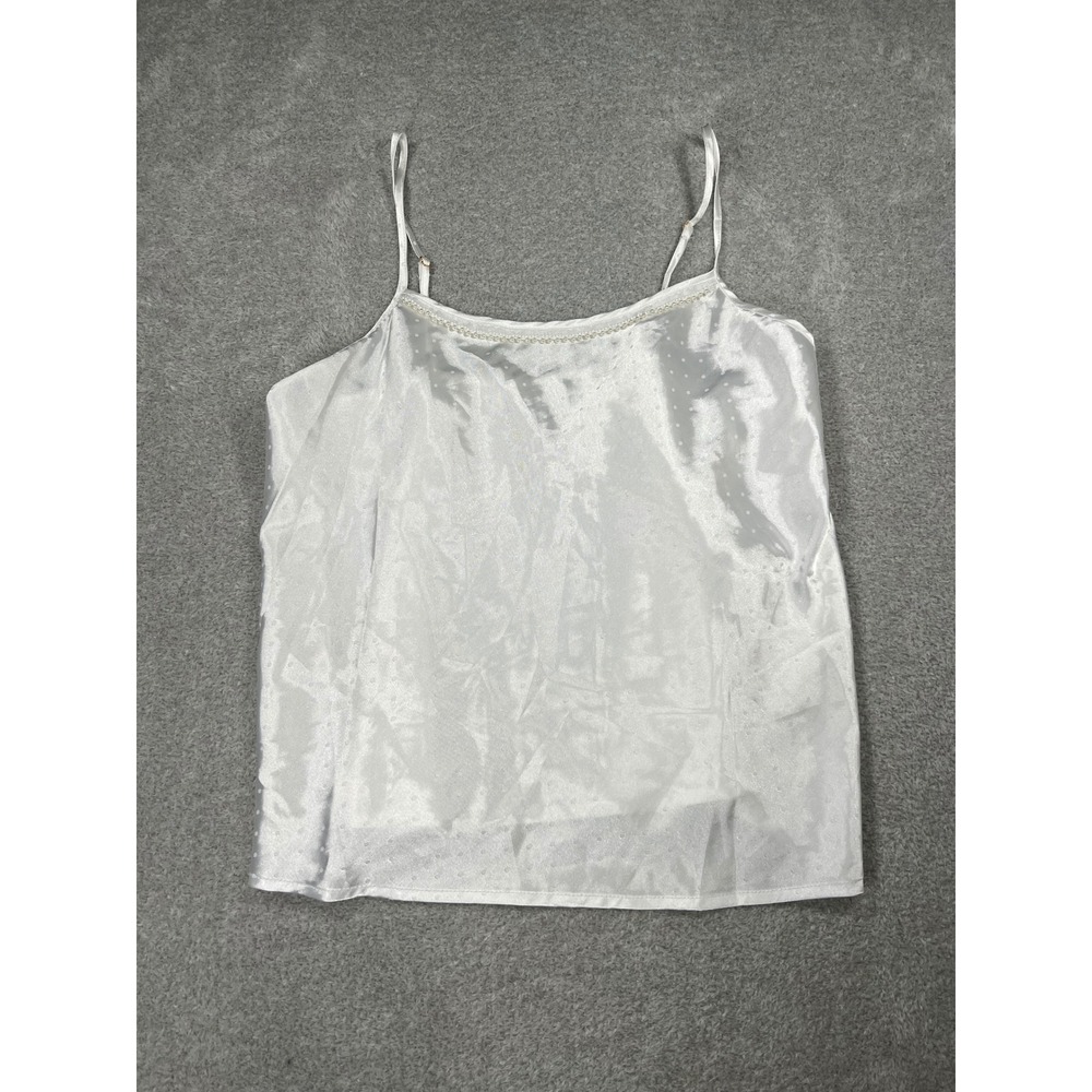 Flora Nikrooz Camisole M White Satin Polka Dot Pearl Trim Adjustable Straps